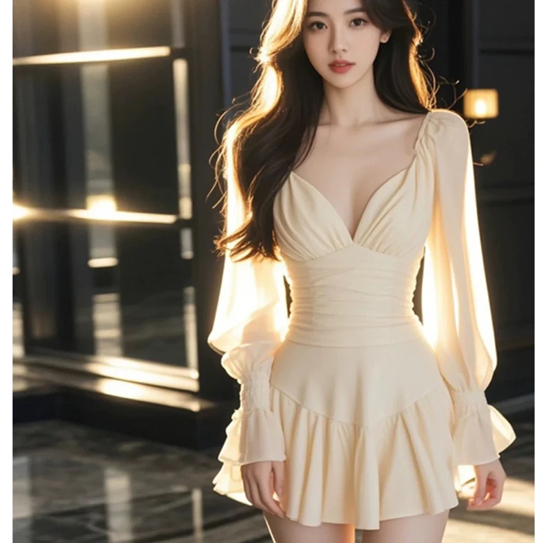 Z6613法式温柔风低胸泡泡袖连衣裙女早秋微胖mm褶皱收腰绝美短裙