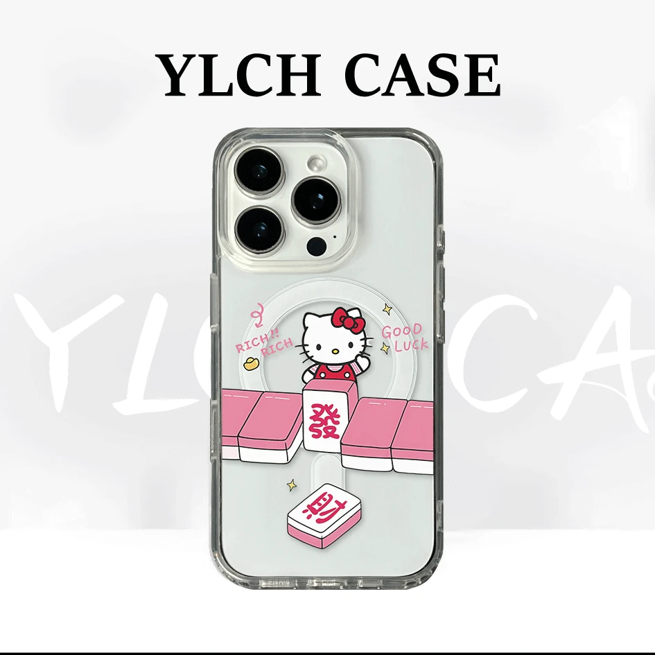 发财麻将凯蒂手机壳适用于苹果16防摔15plus高级11潮流新款XS透明