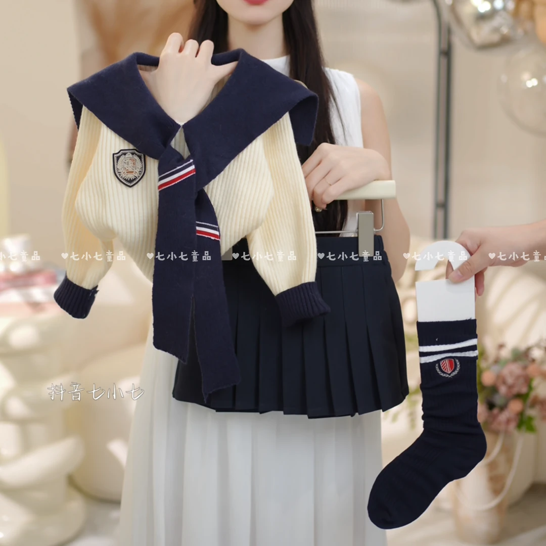 女童2025秋季新品学院风披肩毛衣百褶裙两件套C23618