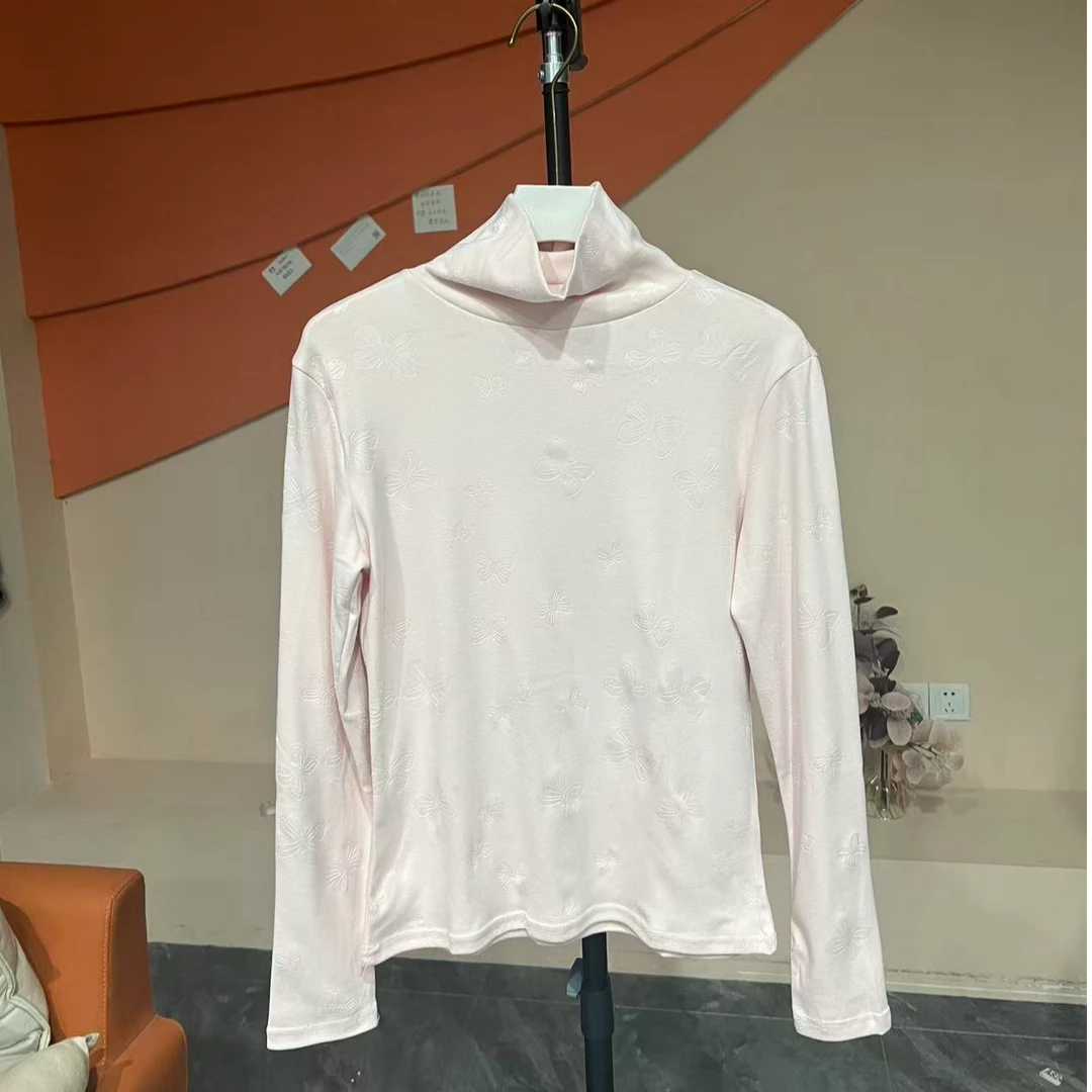 2025秋冬新款时尚堆堆领打底衫蝴蝶长袖T恤显瘦女士上衣01长52