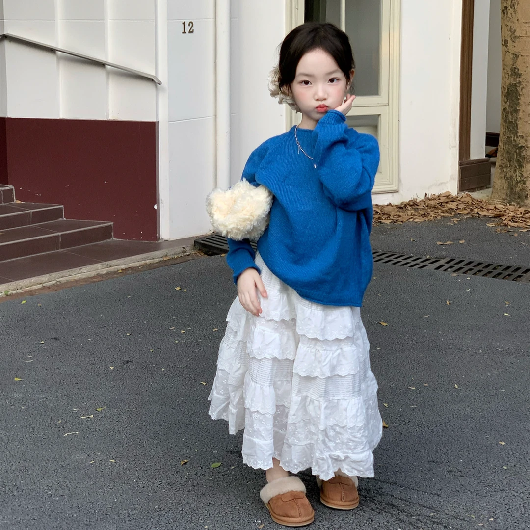 女童韩系秋季穿搭洋气克兰因蓝圆领毛衣女宝时髦花边蛋糕半身裙