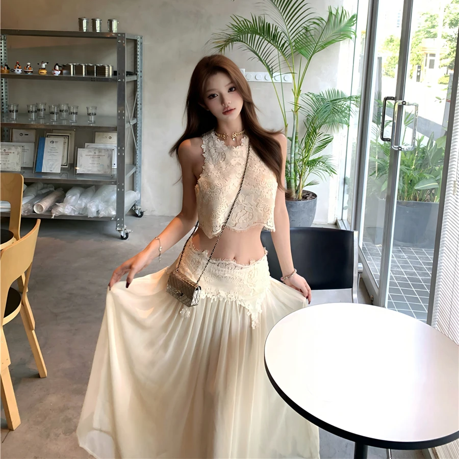 卢浮幻境 优雅甜美睫毛蕾丝上衣+长裙套装女温柔复古气质连衣裙