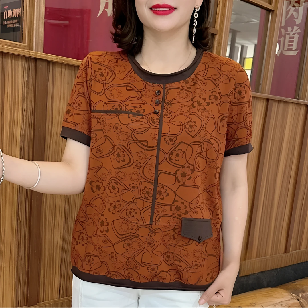 2高档女士圆领妈妈T恤2025夏季新款时尚休闲百搭短袖气质宽松上衣