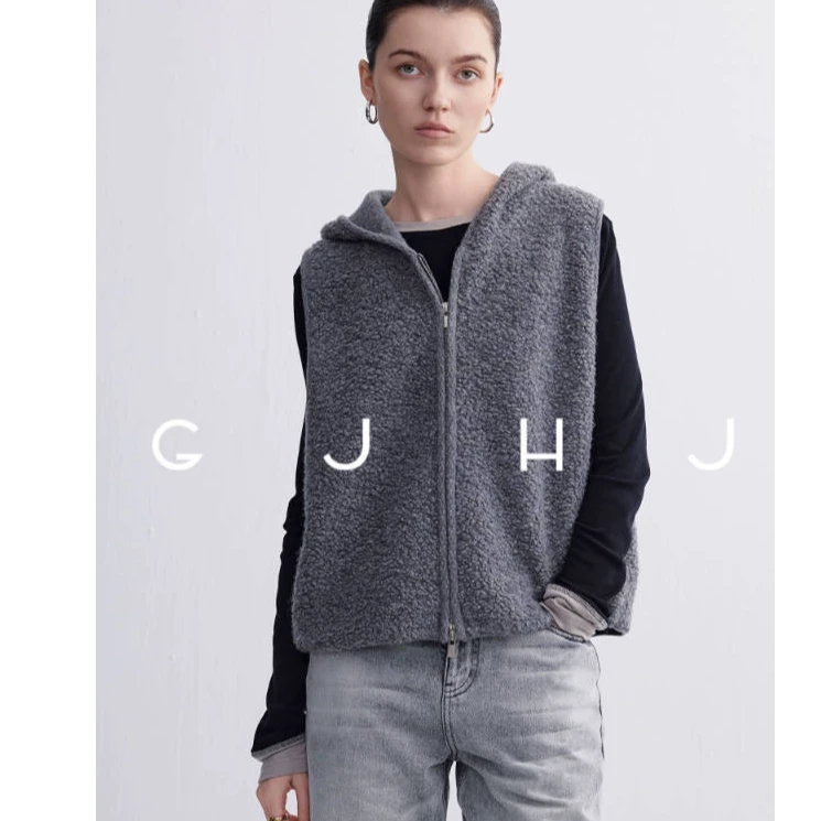 GJ-HJ叠穿神器百搭双开拉链全羊毛连帽马甲女 慵懒羊羔毛背心内搭