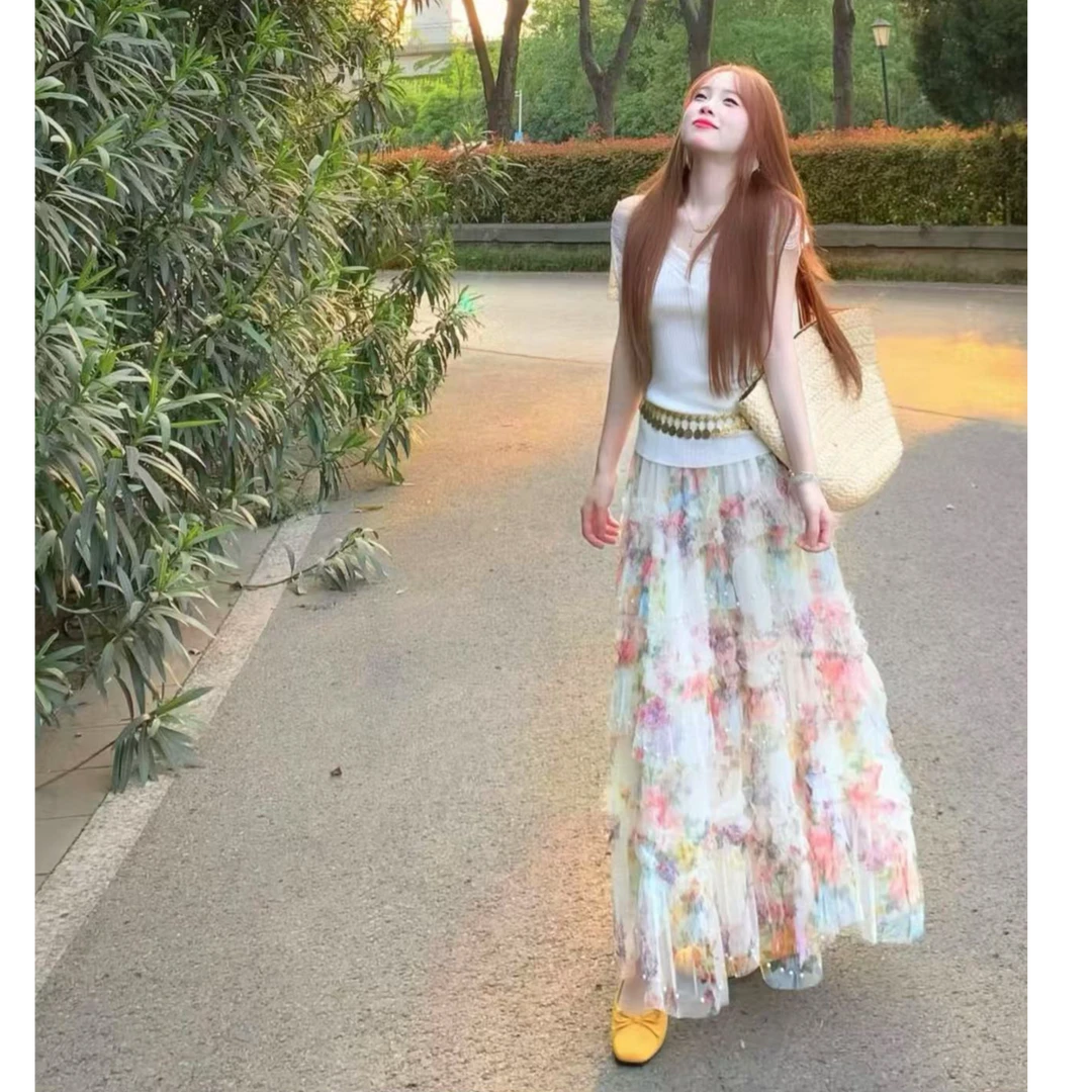 清纯系夏日穿搭套装蕾丝V领针织衫不规则碎花网纱半身裙两件套女