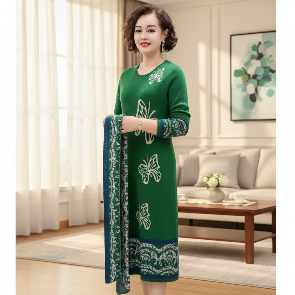 年货时尚带围巾套头长裙常规印花宽松A字连衣裙时尚长袖针织打底