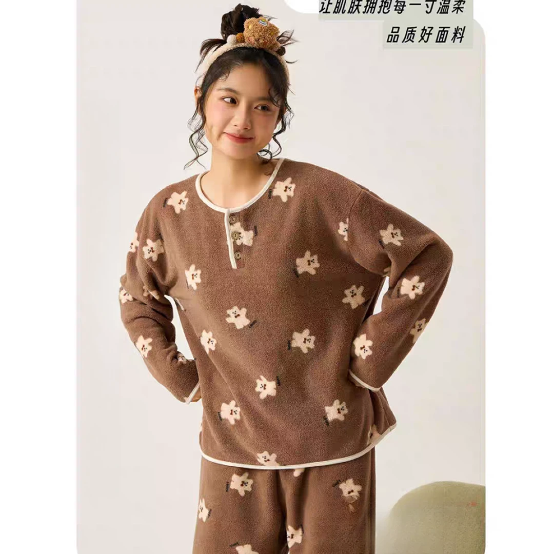 秋冬新款暖舒绒家居服可外穿加绒舒适上衣+裤子套装