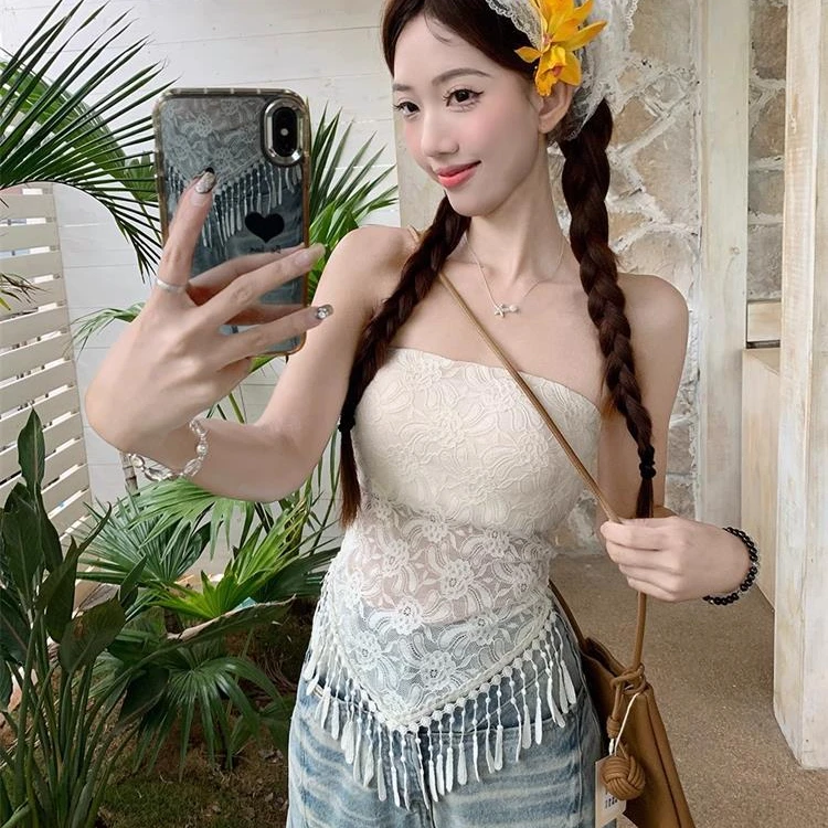 【带杯垫有防滑条】不规则下摆流苏拼接抹胸吊带背心女夏新款显瘦