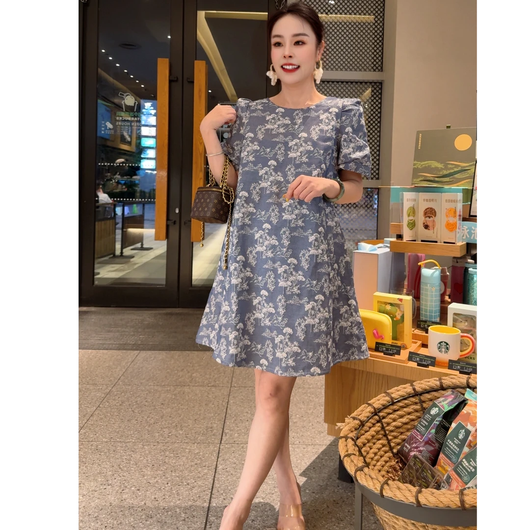 夏季复古设计师款蓝色碎花圆领泡泡袖女装连衣裙B928