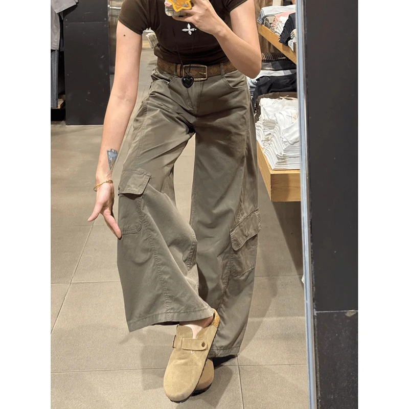 美式复古阔腿工装裤女秋季2025新款高腰宽松拖地直筒休闲弯刀裤子