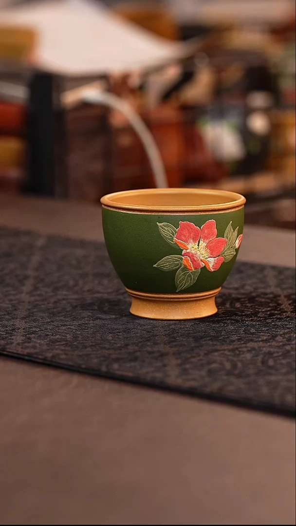 茶壶紫砂黄金段堆绘花朵杯