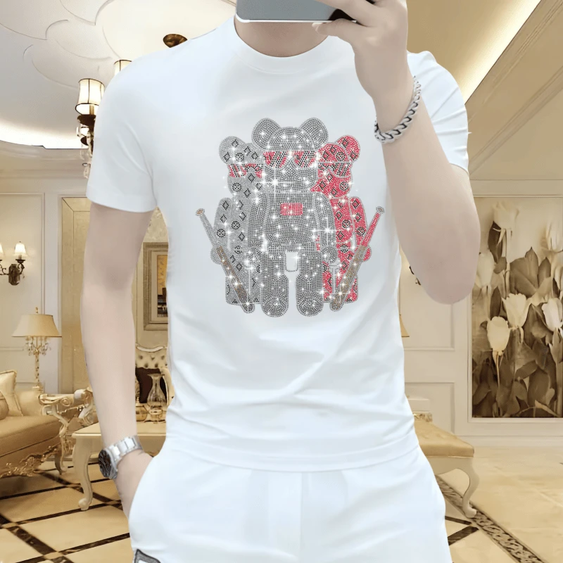 夏季男士修身冰丝短袖T恤时尚烫钻圆领白色休闲百搭帅气潮流舒适