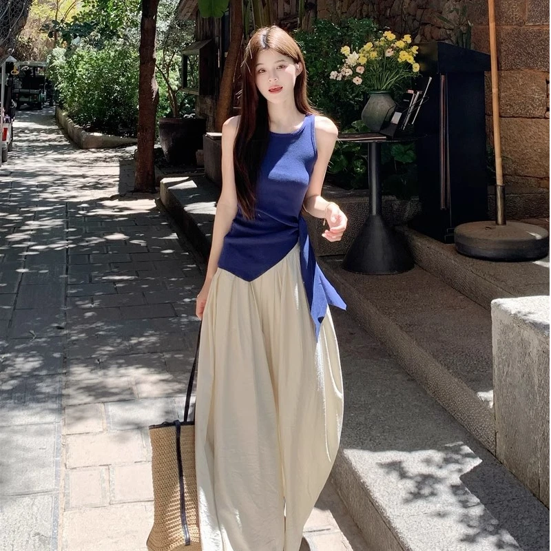 时尚套装不规则系带无袖吊带背心女夏季垂感宽松裙裤休闲裤两件套