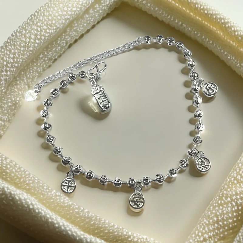 足银脚链 精致民族风平安喜乐上上签脚链