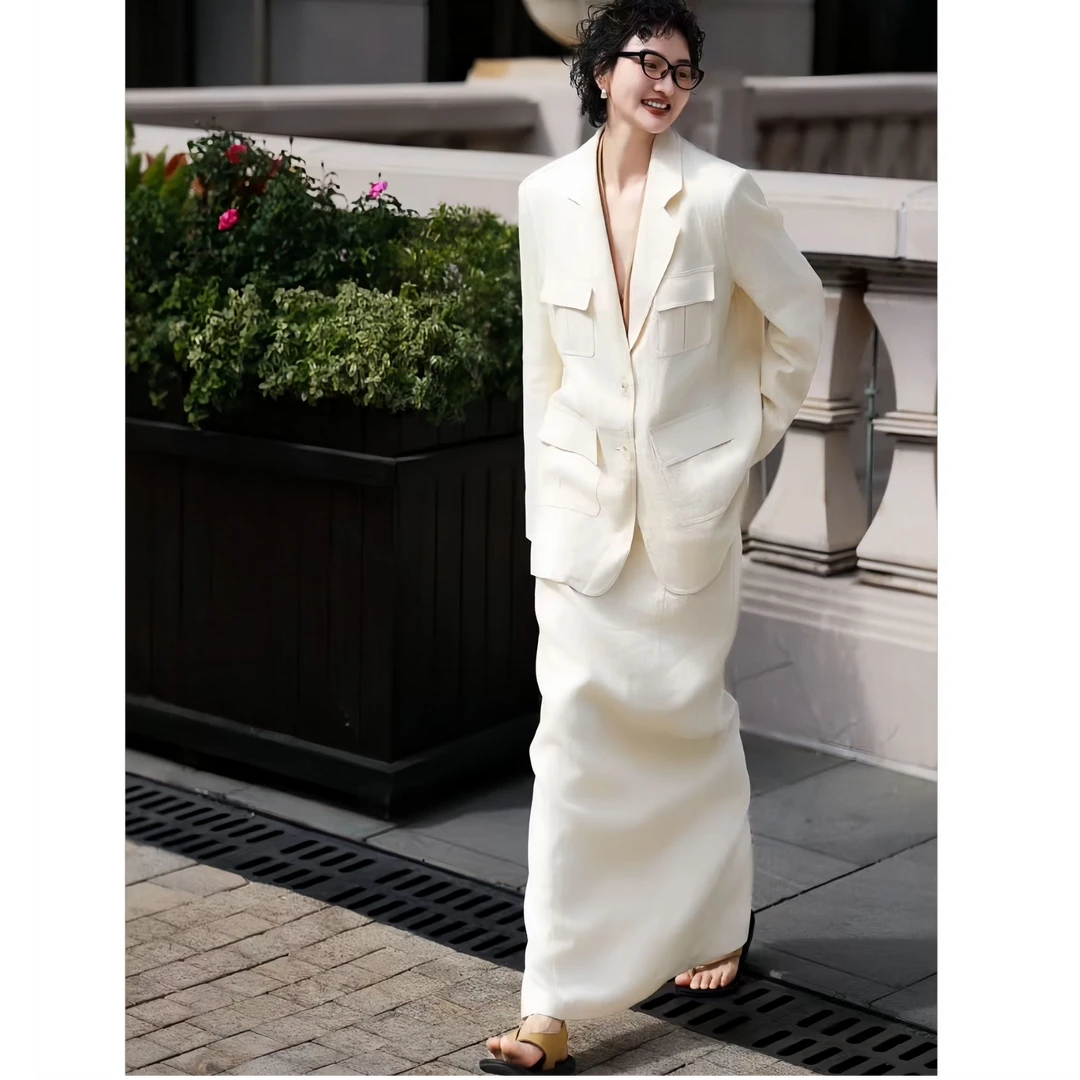 ZEROYK老钱风时尚套装2025春季松弛感亚麻西装外套半裙两件套