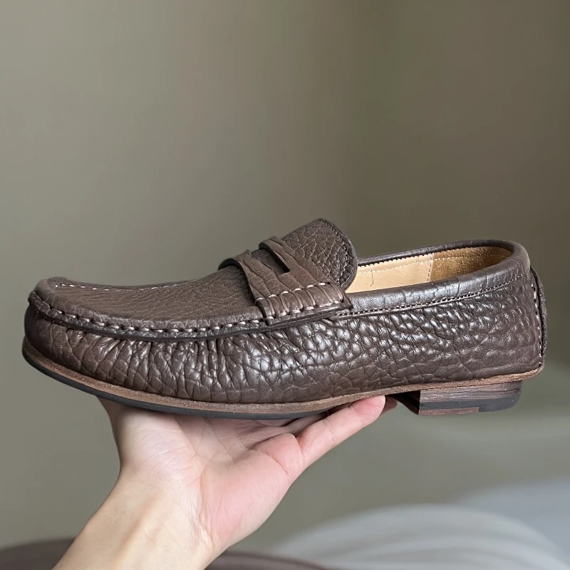 野 牛乐福鞋老钱风固特异水洗真皮一脚蹬豆豆鞋男士手工休闲乐福