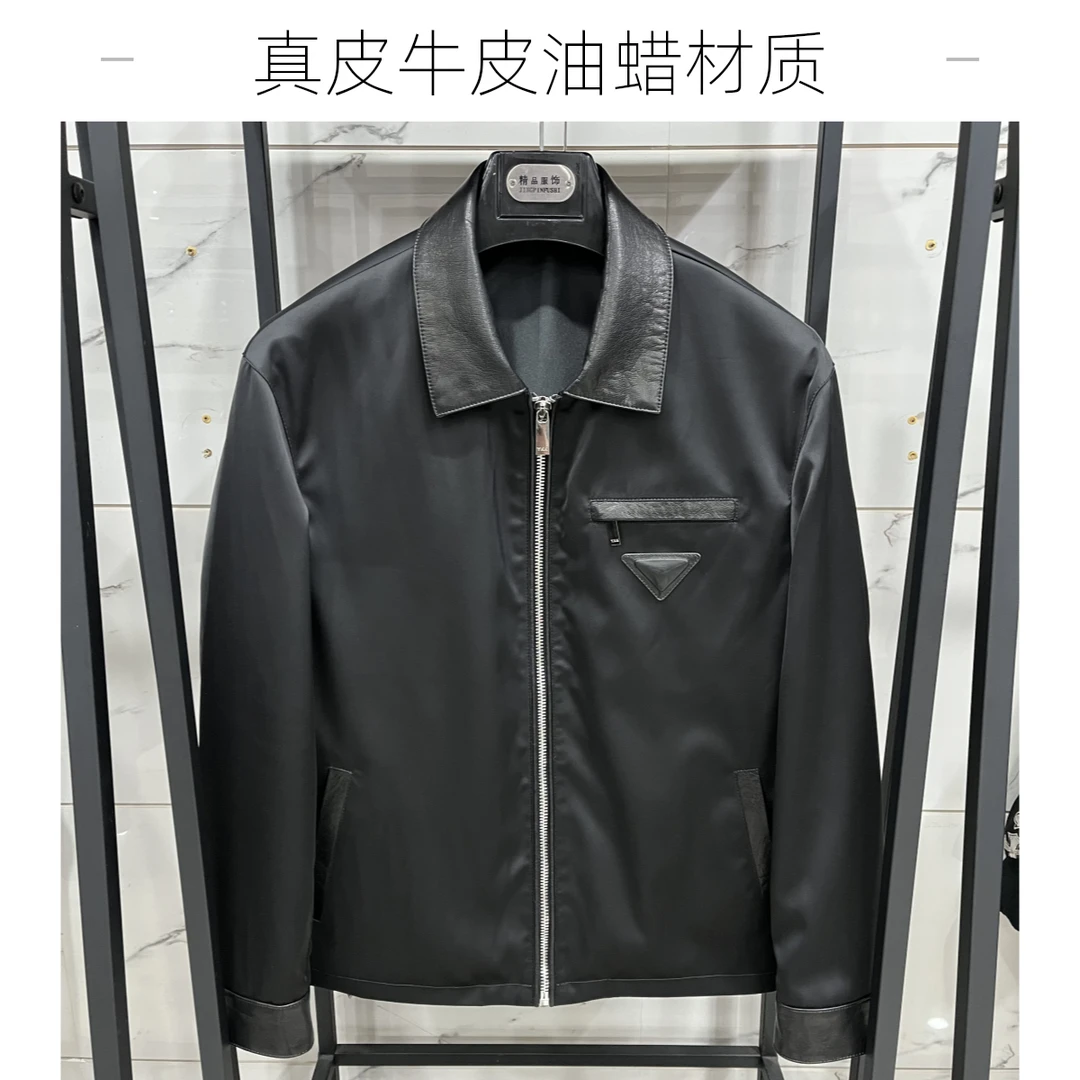 男士新款潮牌时尚醋酸面料配牛皮油蜡方领真皮皮衣2506