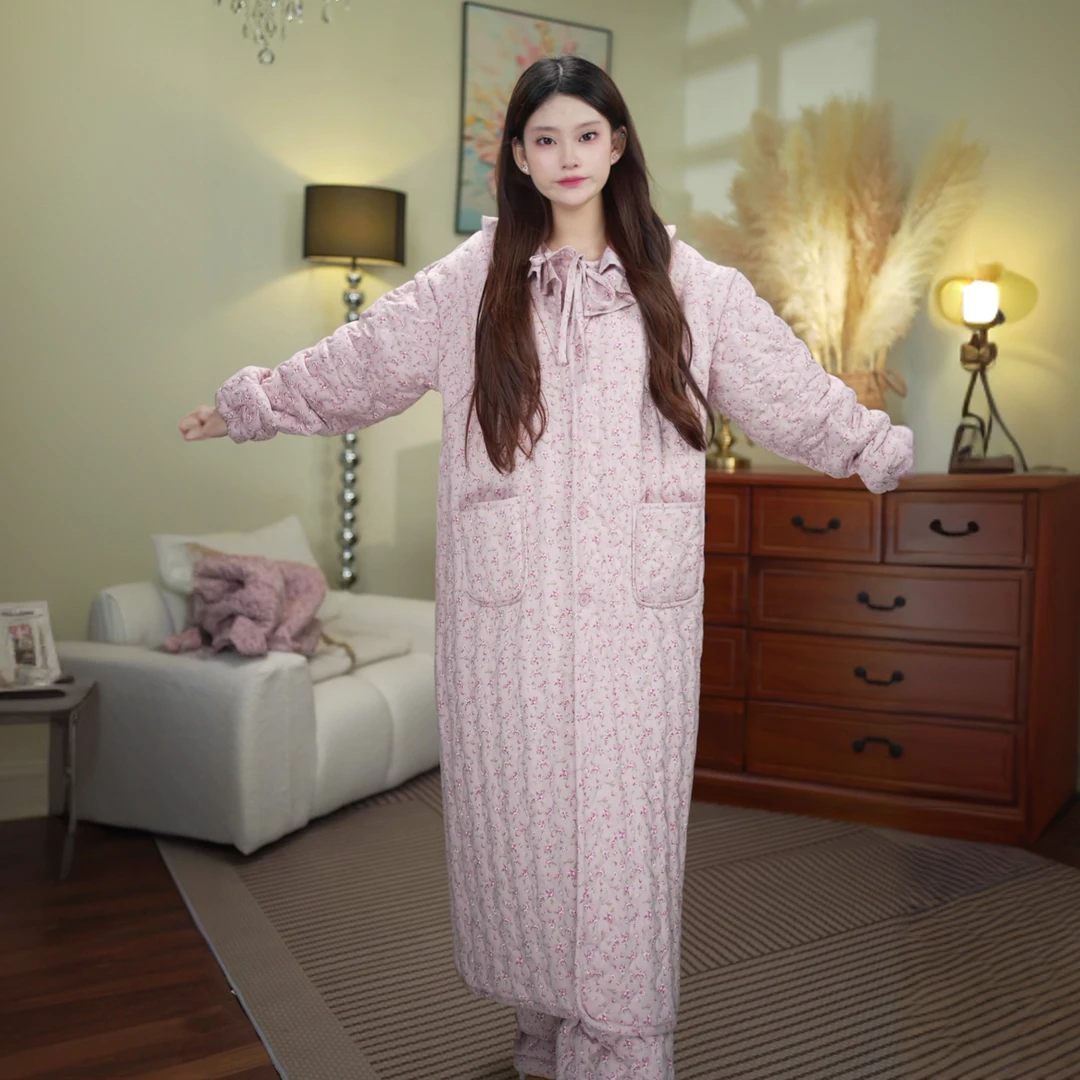 秋冬女款三层冬季纯棉夹棉睡袍加厚保暖长款家居服套装时尚中长款