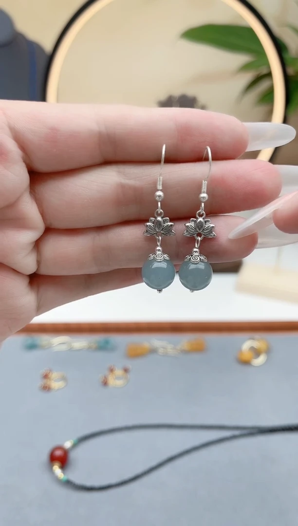 石英质玉（天山翠）银S925镶嵌耳饰01