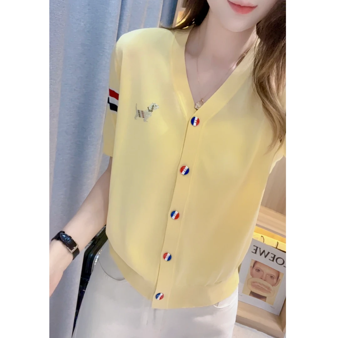 JL【时尚撞色小狗烫钻短袖开衫】2025夏季新款百搭薄款针织上衣-B