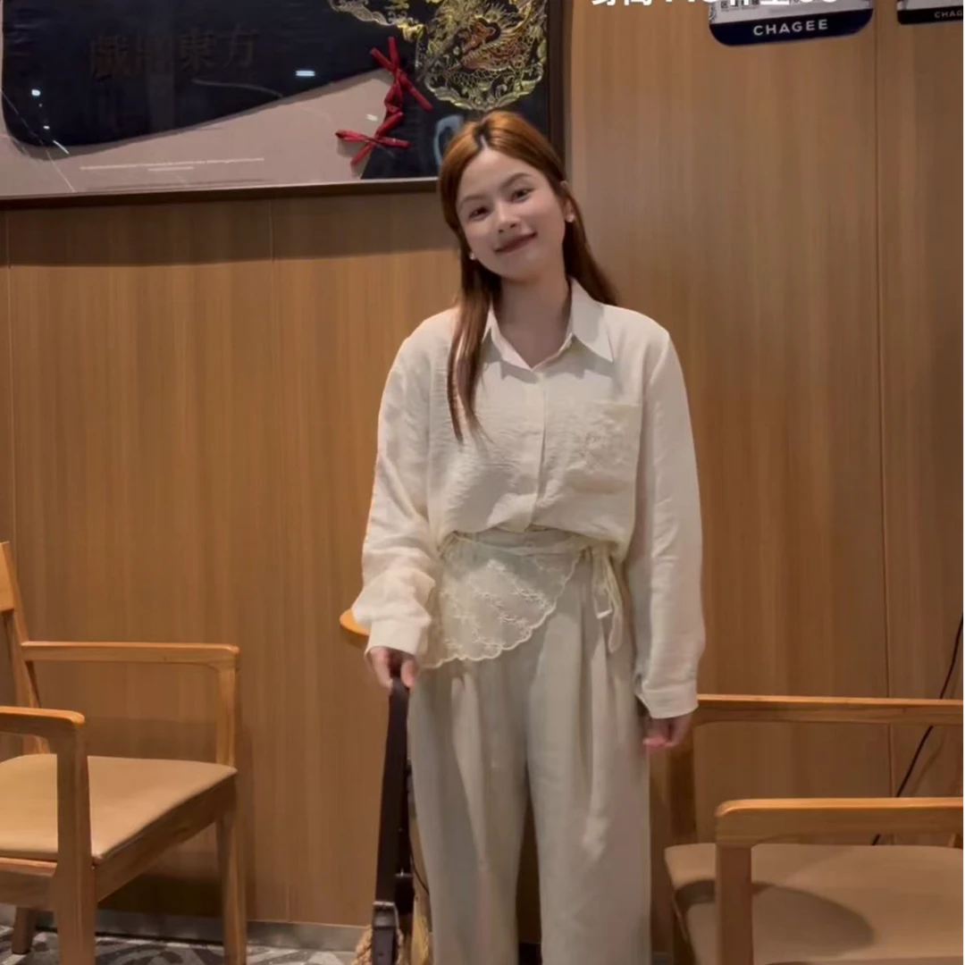 杏色蝴蝶结系带衬衫女设计感小众温柔长袖宽松外穿衬衣提花衬衣