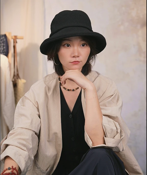 2025秋款毛线钩织盆帽显脸小休闲渔夫帽帽子复古简约纯色渔夫帽