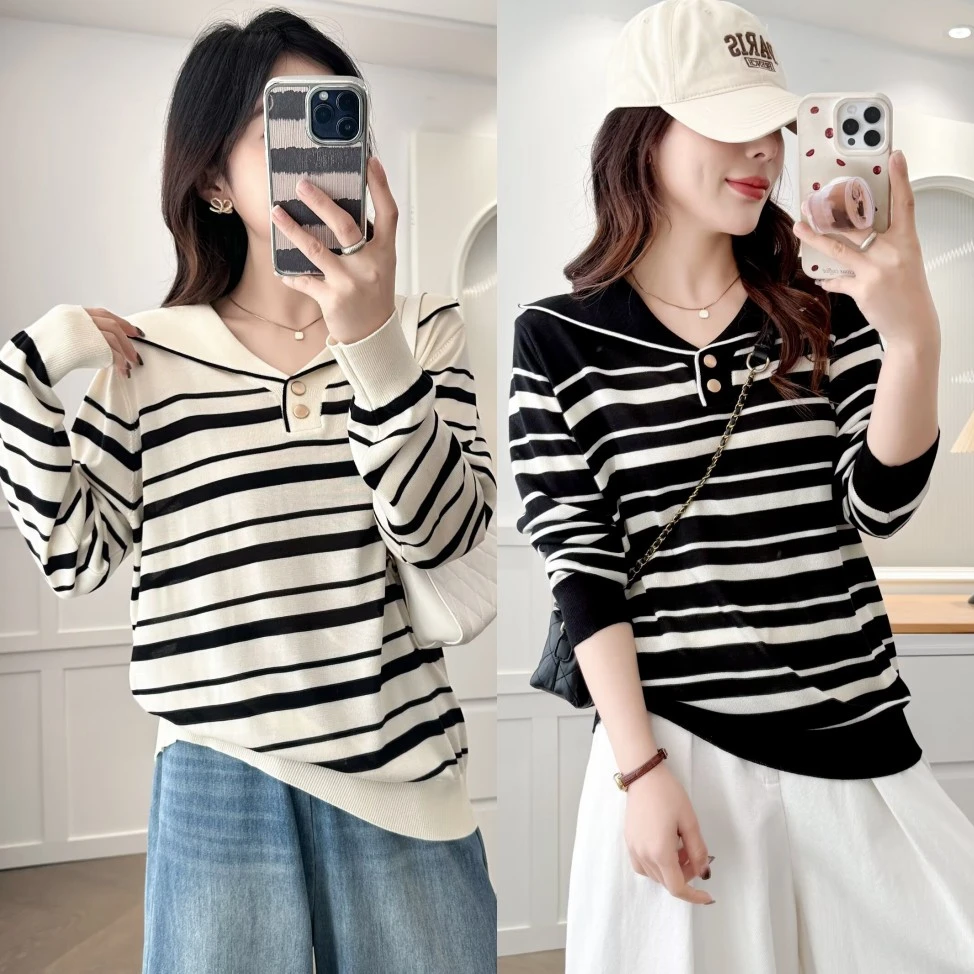 大码胖mm减龄百搭撞色条纹海军领针织衫女春季新款显瘦长袖上衣