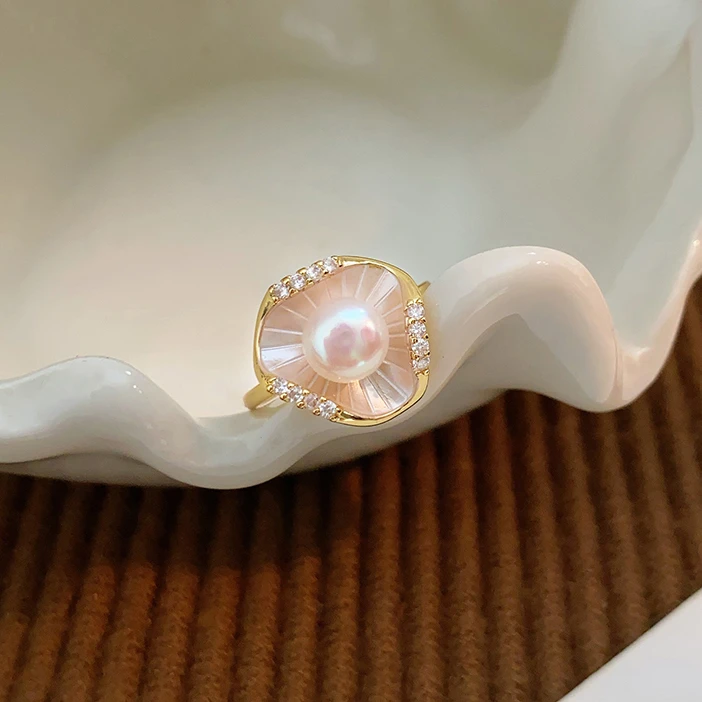 天然淡水珍珠荷叶花小众设计戒指女食指指环高级感饰品