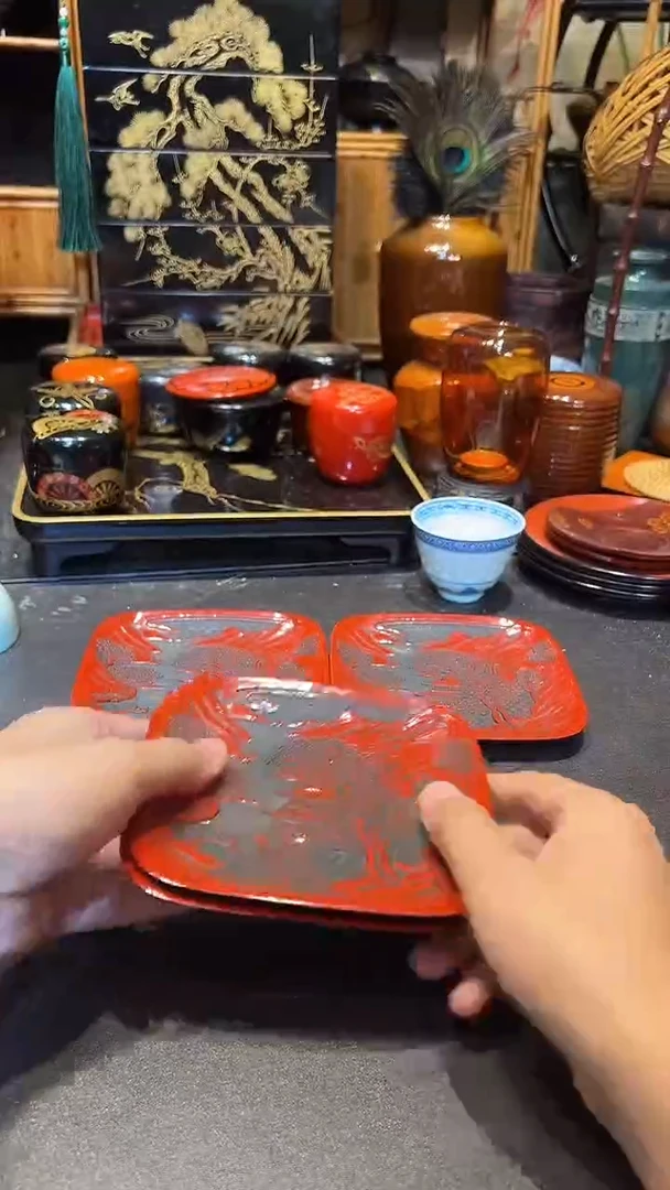 仙台堆朱杯垫四片  大漆漆器大漆漆器大漆漆器