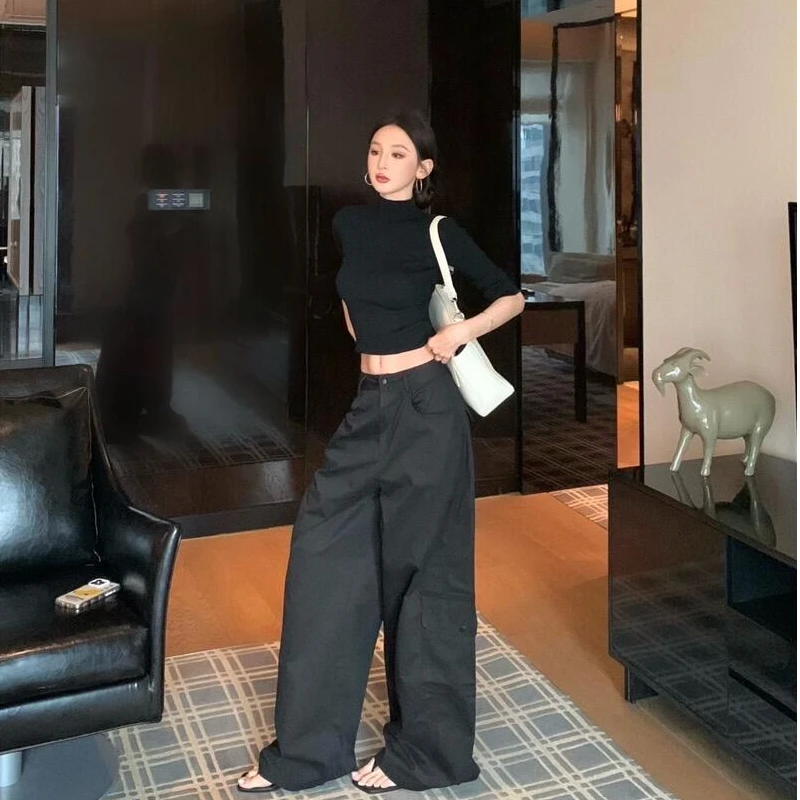 时尚辣妹工装裤女2025年新款高腰显瘦显高垂感百搭直筒阔腿裤子潮