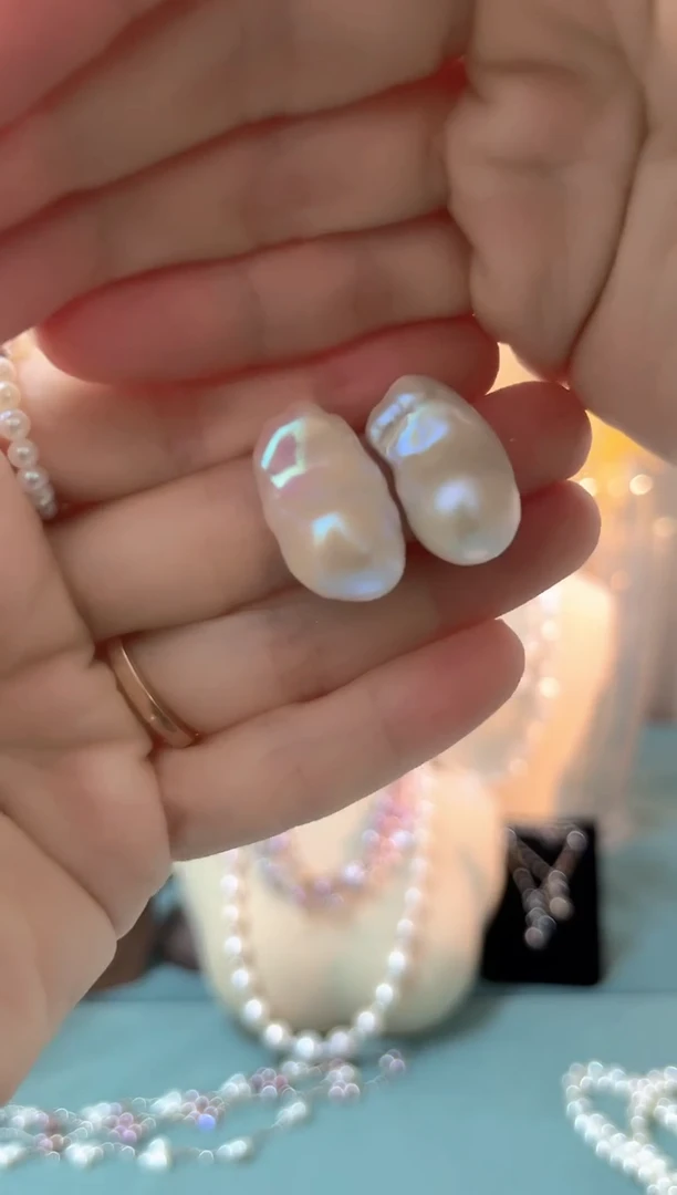 银S925镶嵌耳饰淡水珍珠大巴洛克耳钉福利款