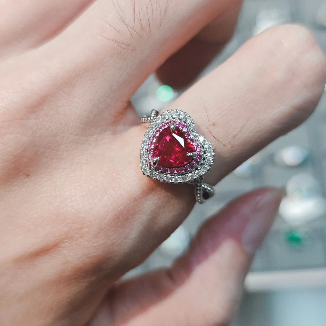 925银戒指 培育宝石戒指外镀金1.5ct【爱心戒指】轻奢时尚气质1744R