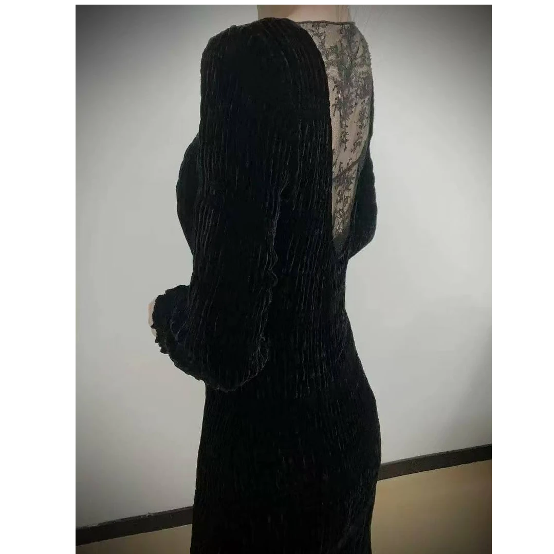 GZ3765真丝桑蚕丝丝绒压褶长袖蕾丝连衣裙