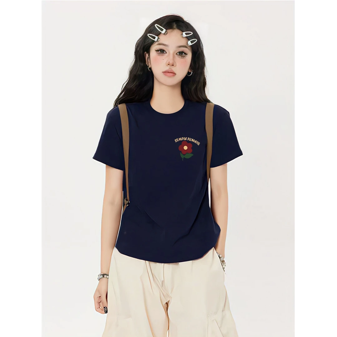 简约印花2025夏季新款正肩显瘦短袖T恤小个子学院风百搭上衣ins潮