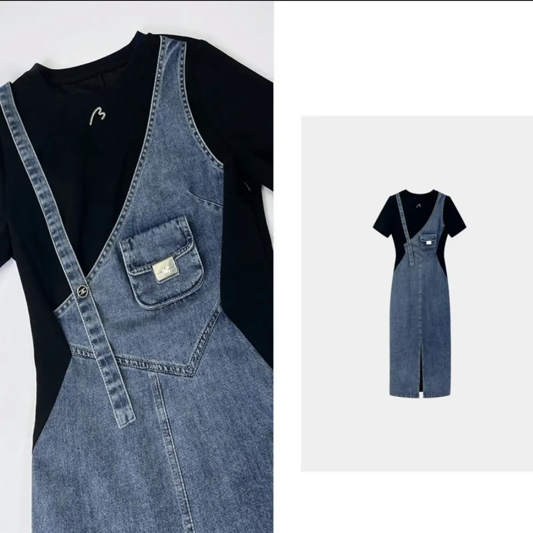 假两件背带牛仔连衣裙时尚拼接裙HY10002-1