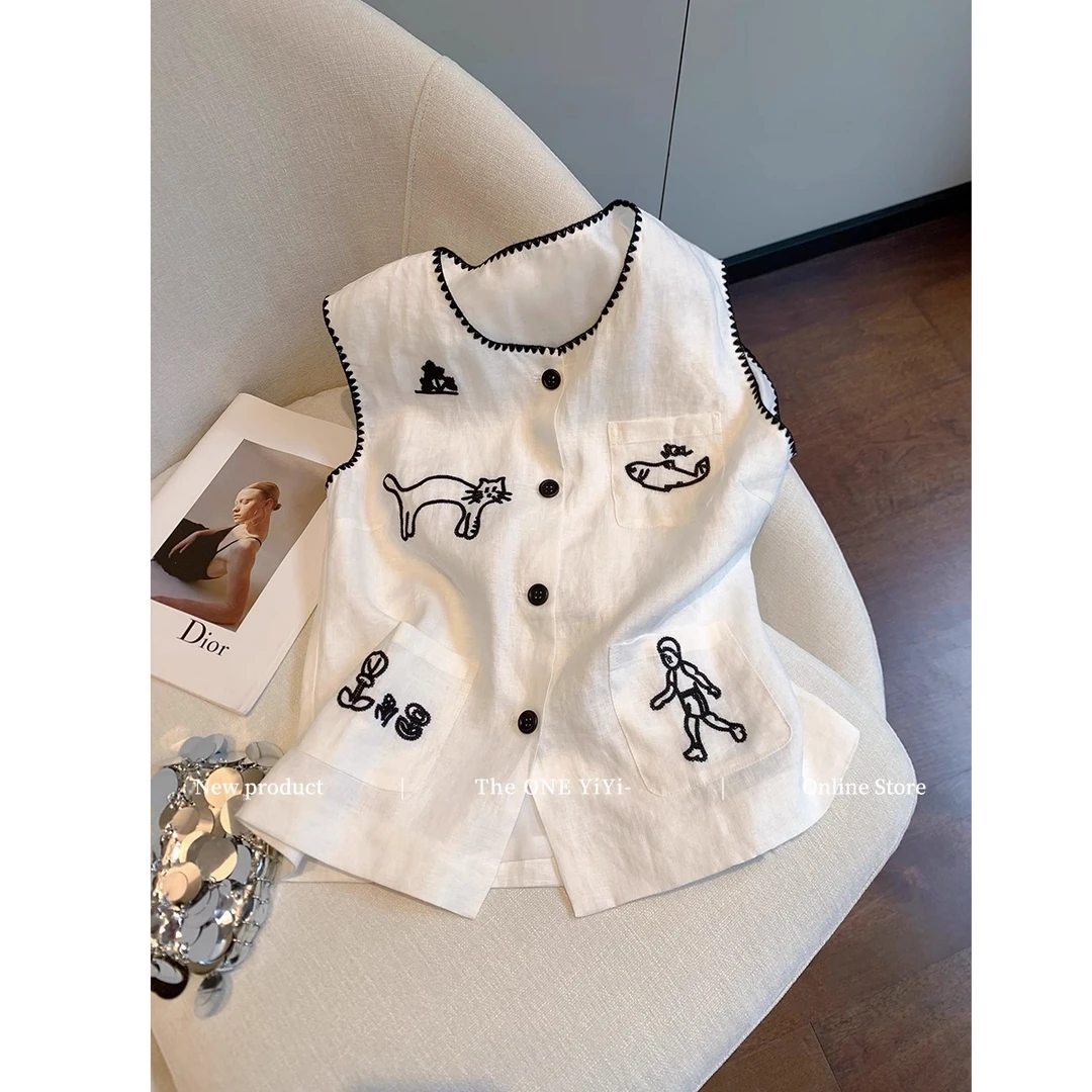 白色猫咪卡通刺绣圆领棉麻马甲背心女夏2025新设计感小众气质上衣