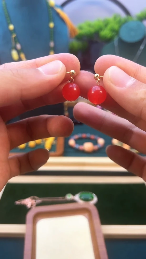 南红玛瑙14K金镶嵌耳饰E340