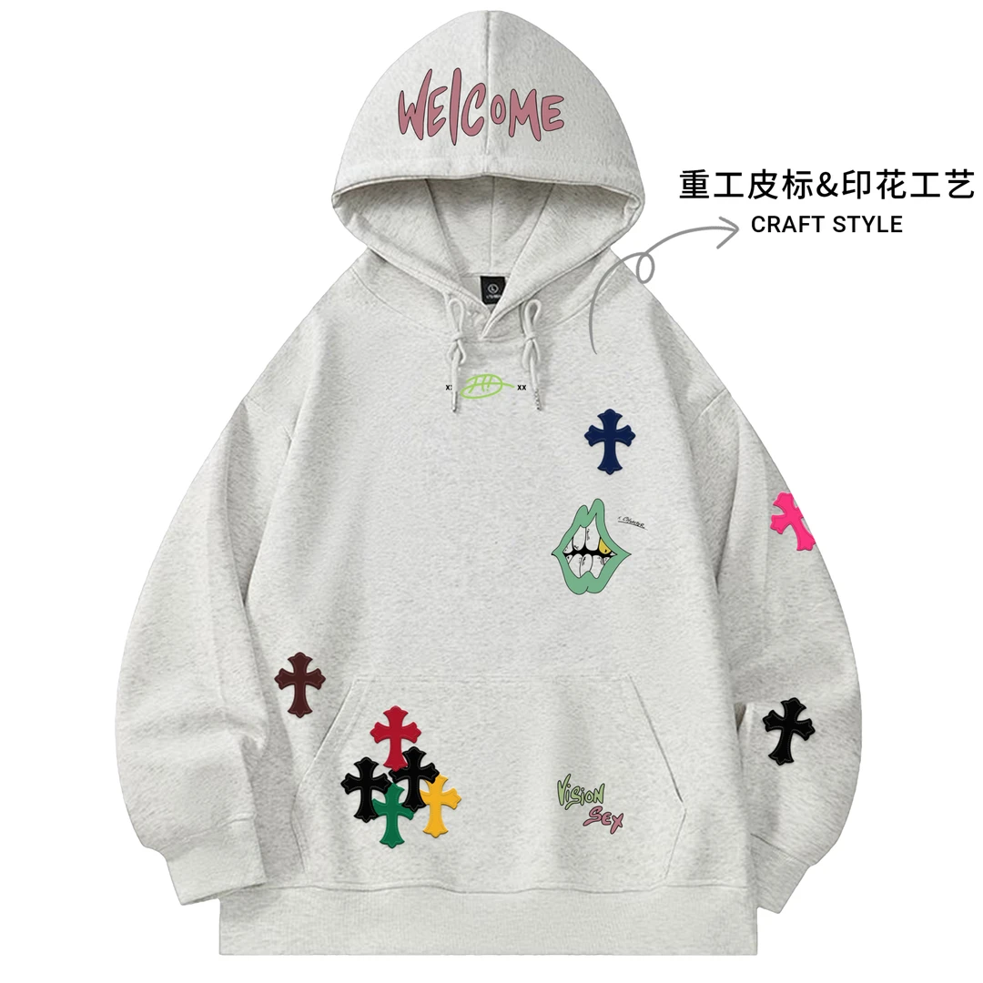 【现货-重工】潮牌皮标直印华棉400克连帽卫衣男女款秋冬卫衣-Q133