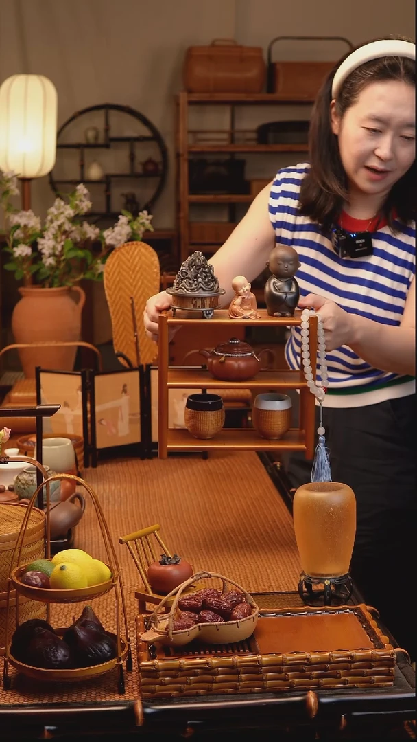 素味 楠竹竹编三层壶架杯架