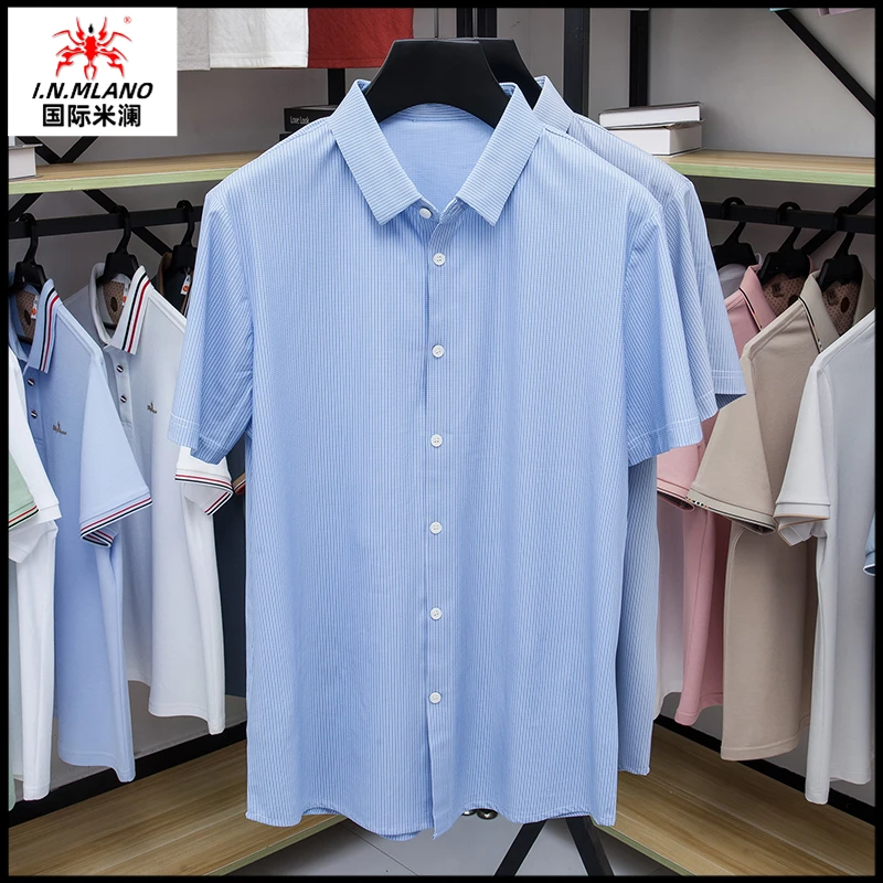 高档意大利桑蚕丝条纹短袖衬衫夏季新款休闲半袖透气免烫中年衬衣