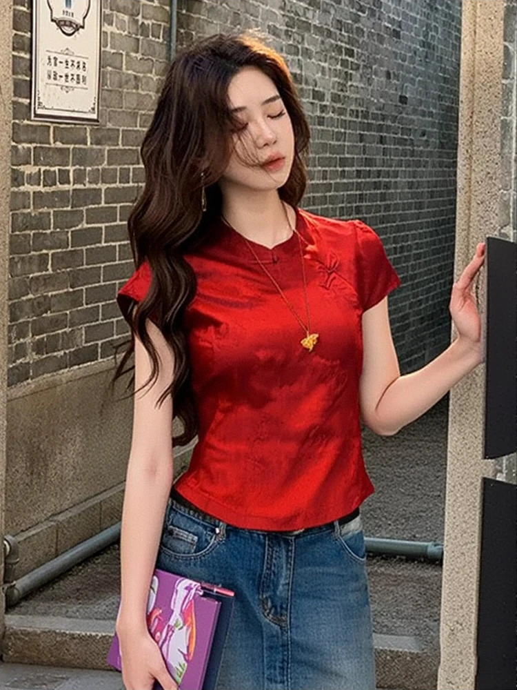新中式气质红色短袖衬衫女装2025夏季新款百搭显瘦贵气感国风上衣
