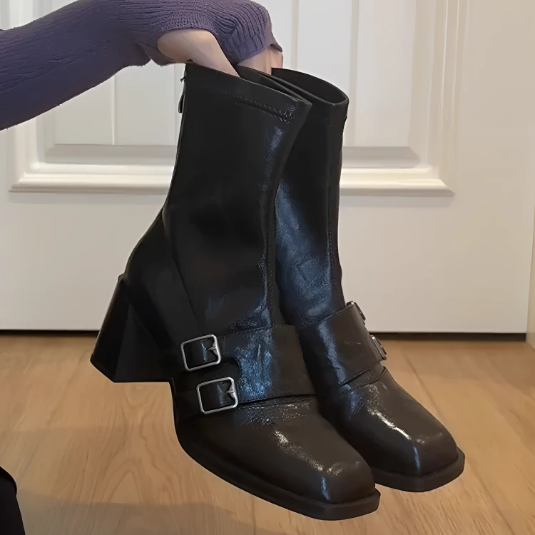 复古方头皮带扣粗跟骑士靴女2025秋冬季新款英伦风百搭弹力瘦瘦靴