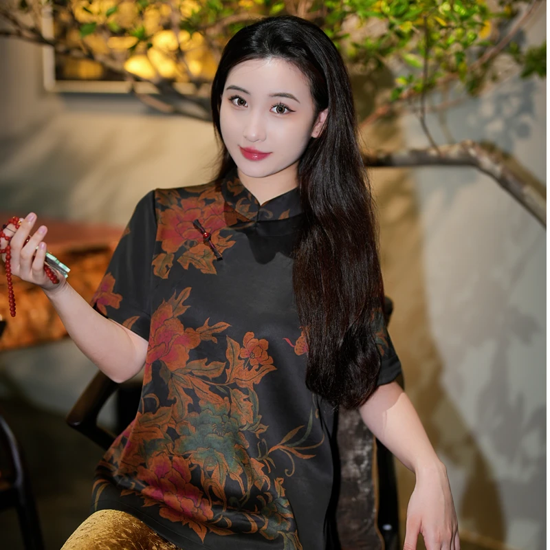 蓝大【梅梢月】新中式桑蚕丝短袖7733