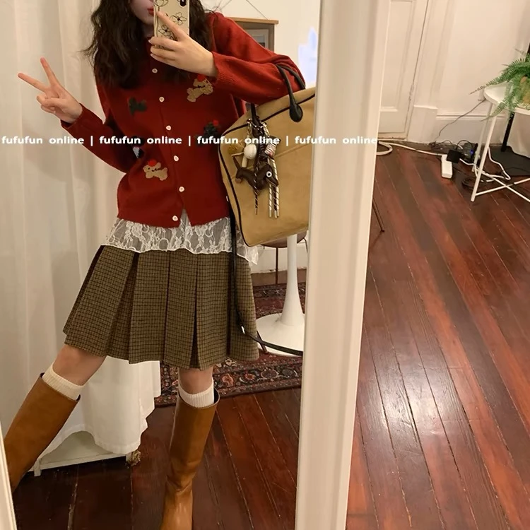 8076-2尺码偏小！卡码拍大复古细棕压褶格纹半身裙秋冬女装百褶裙