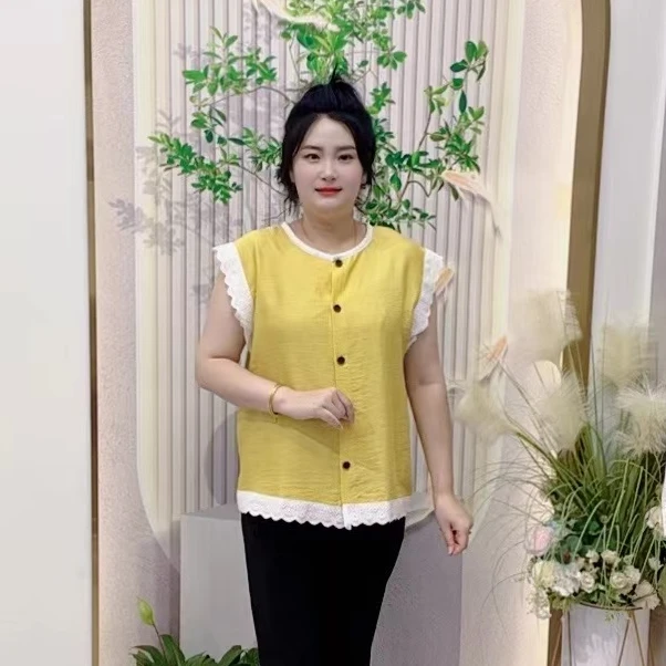 夏季新款纯色1555纽扣设计气质减龄宽松百搭蕾丝袖女上衣