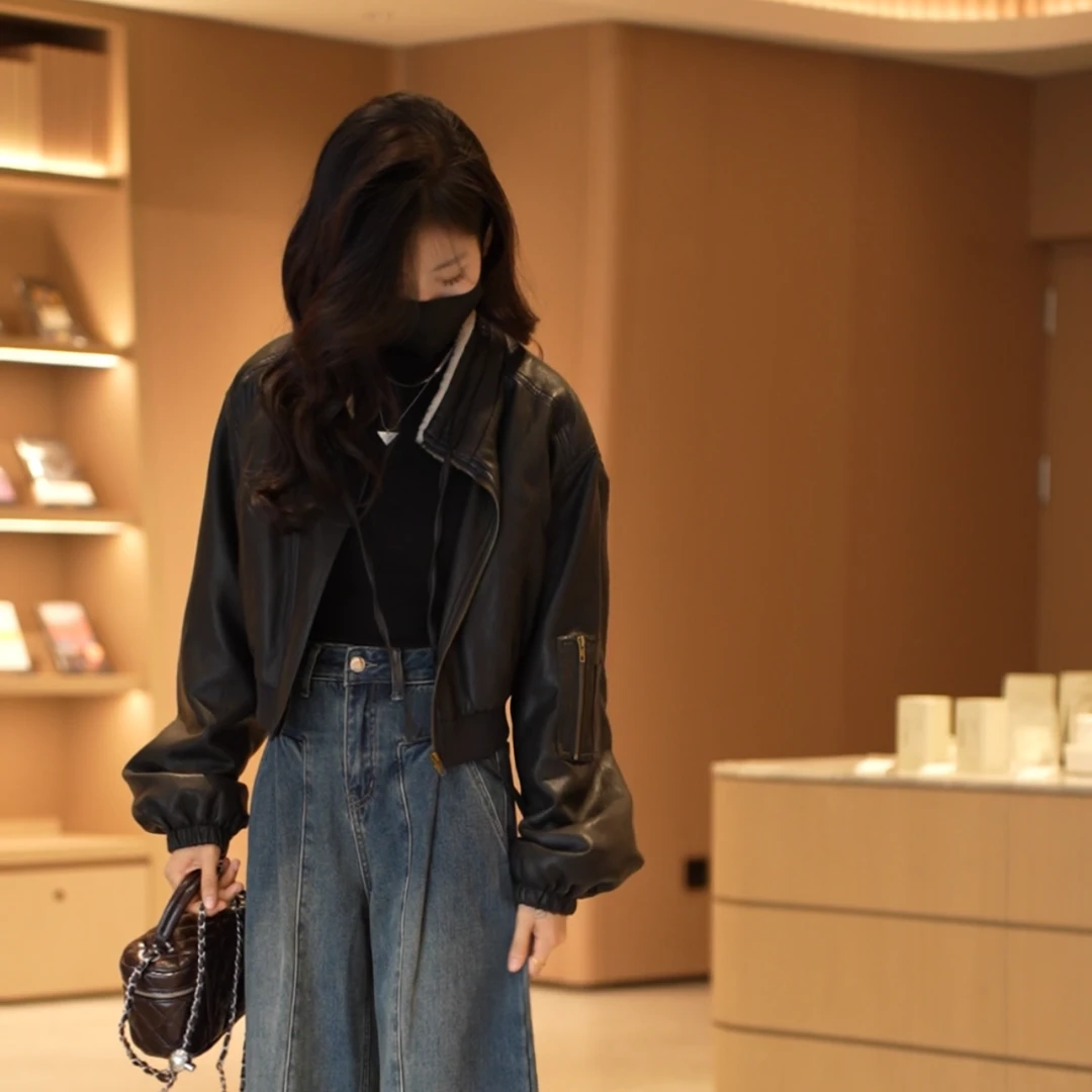 1016秋冬新款时尚百搭毛领加绒短款皮衣外套Z