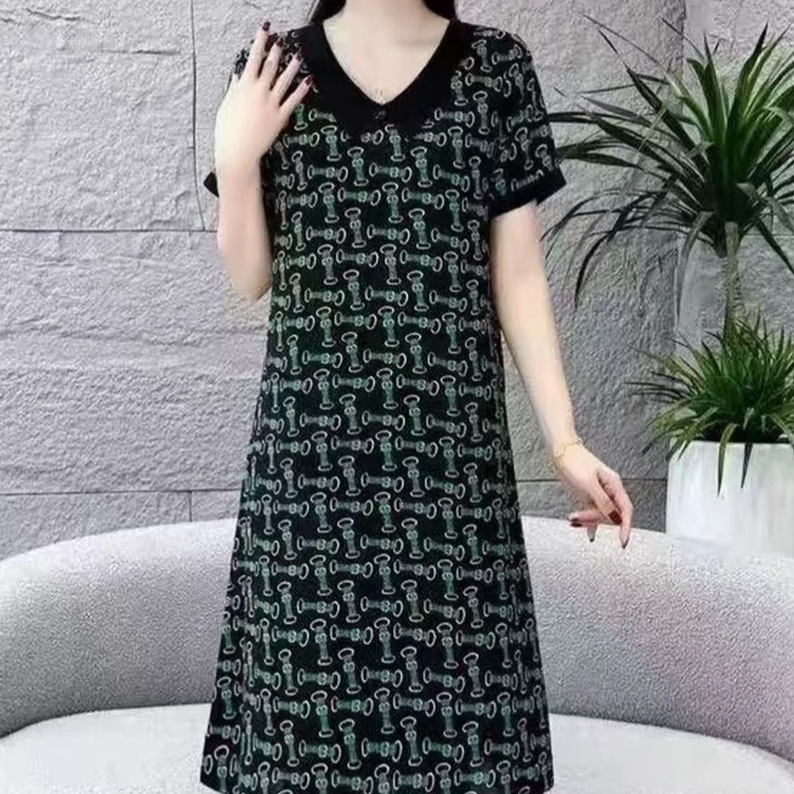 1094黑领锁链高端领透气夏季妈妈装连衣裙