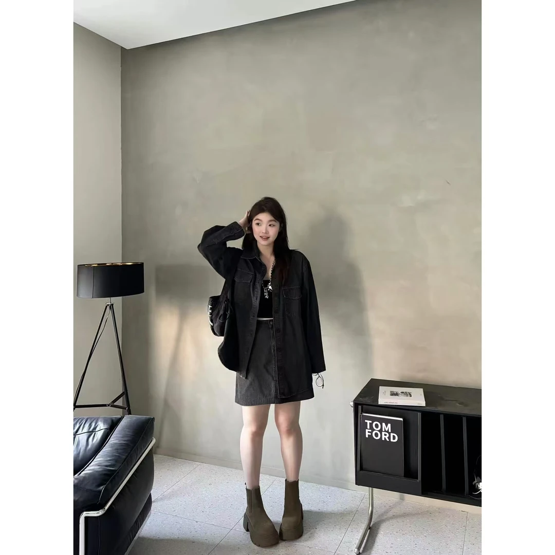 晶咕 【感觉跟随-外套】韩系复古牛仔明线走线休闲衬衫外套韩版