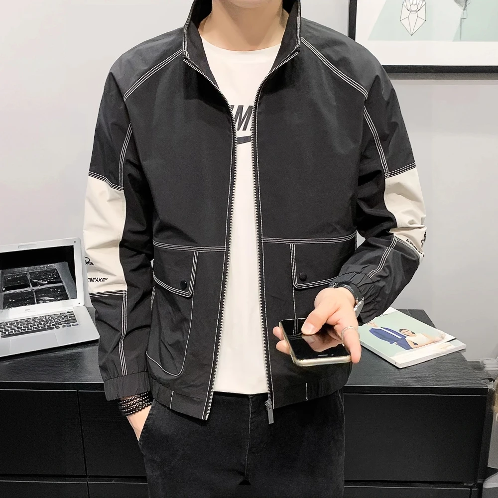 拼色夹克外套男2025年春秋季潮牌休闲帅气潮流痞帅立领工装上衣