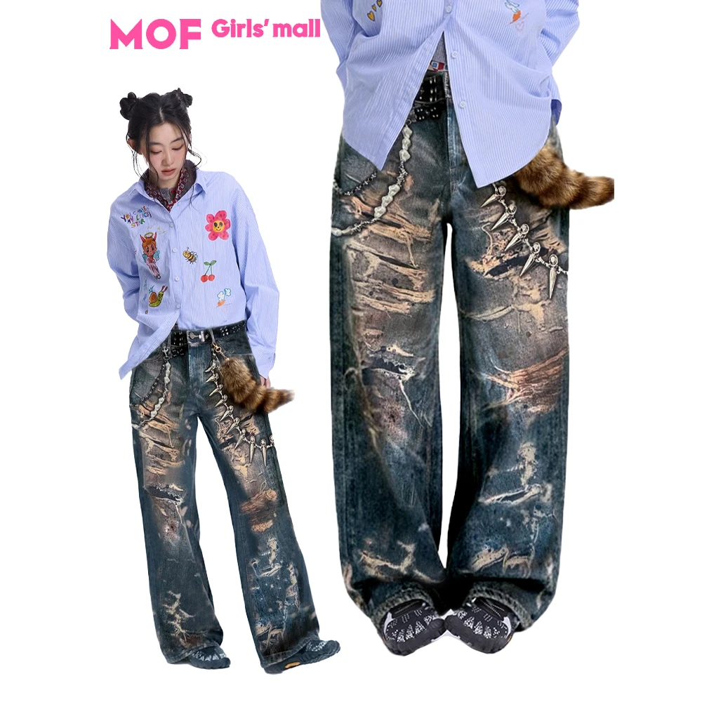 MOF少女百货 周深同款 破洞印花朋克链条直筒牛仔裤 直筒休闲裤
